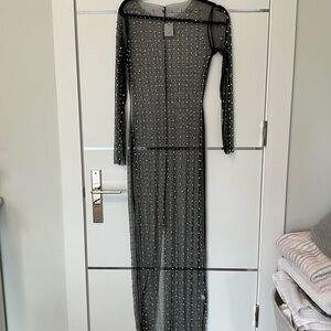 Sheer Black Long-Sleeve Maxi Dress with Rhinestone Detail